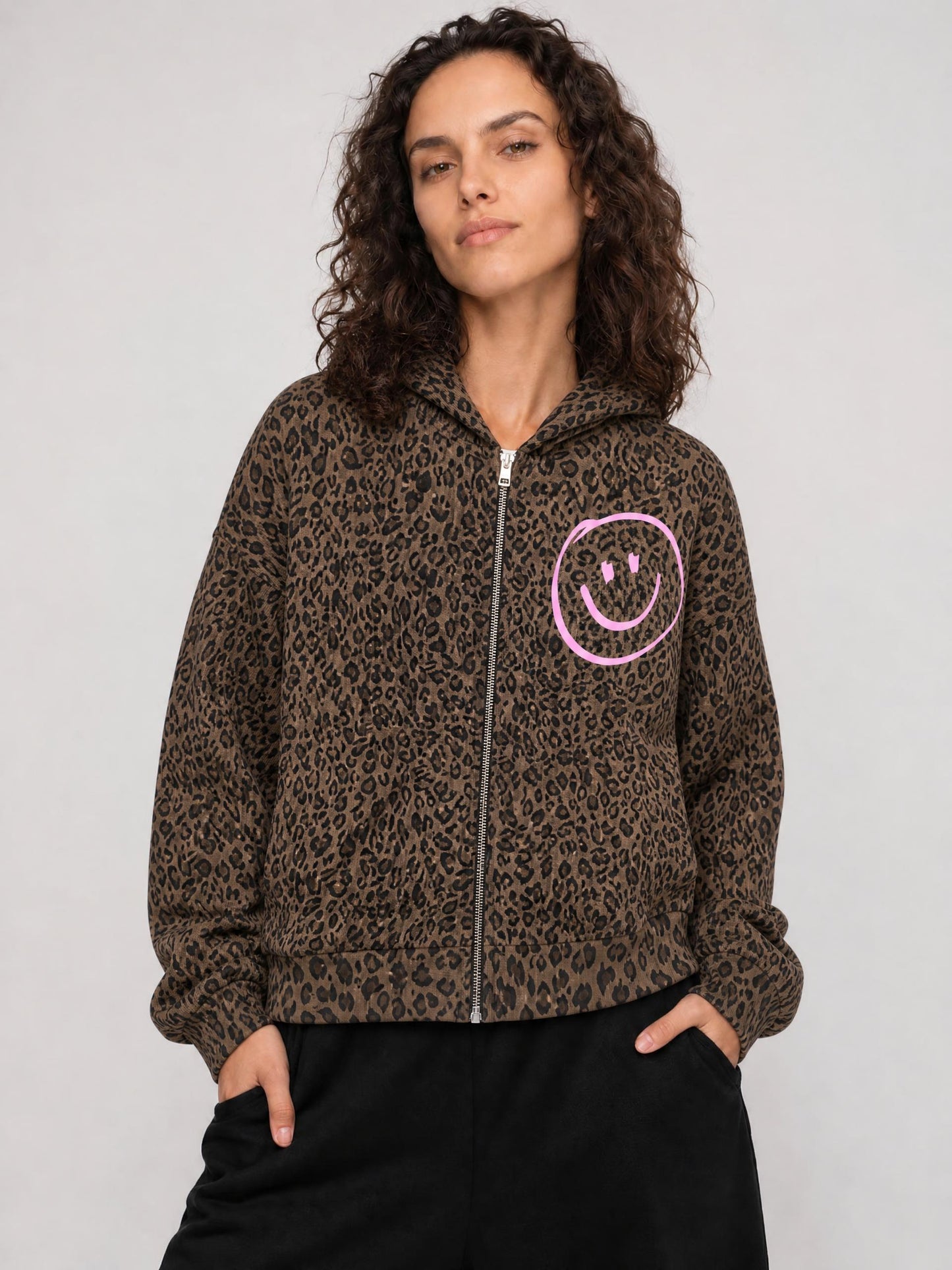 Leopard Print Waffle Knit Zip Hoodie - MADE NEW
