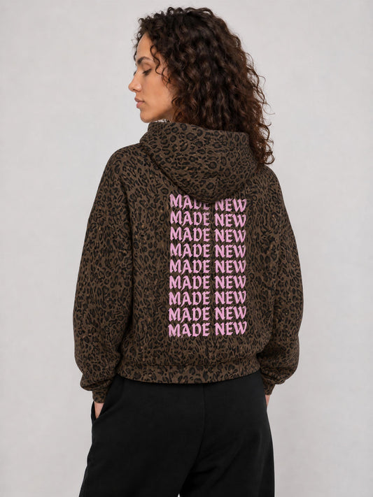 Leopard Print Waffle Knit Zip Hoodie - MADE NEW