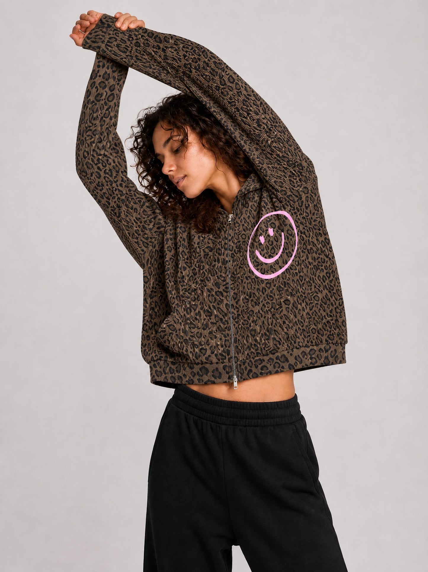 Leopard Print Waffle Knit Zip Hoodie - MADE NEW