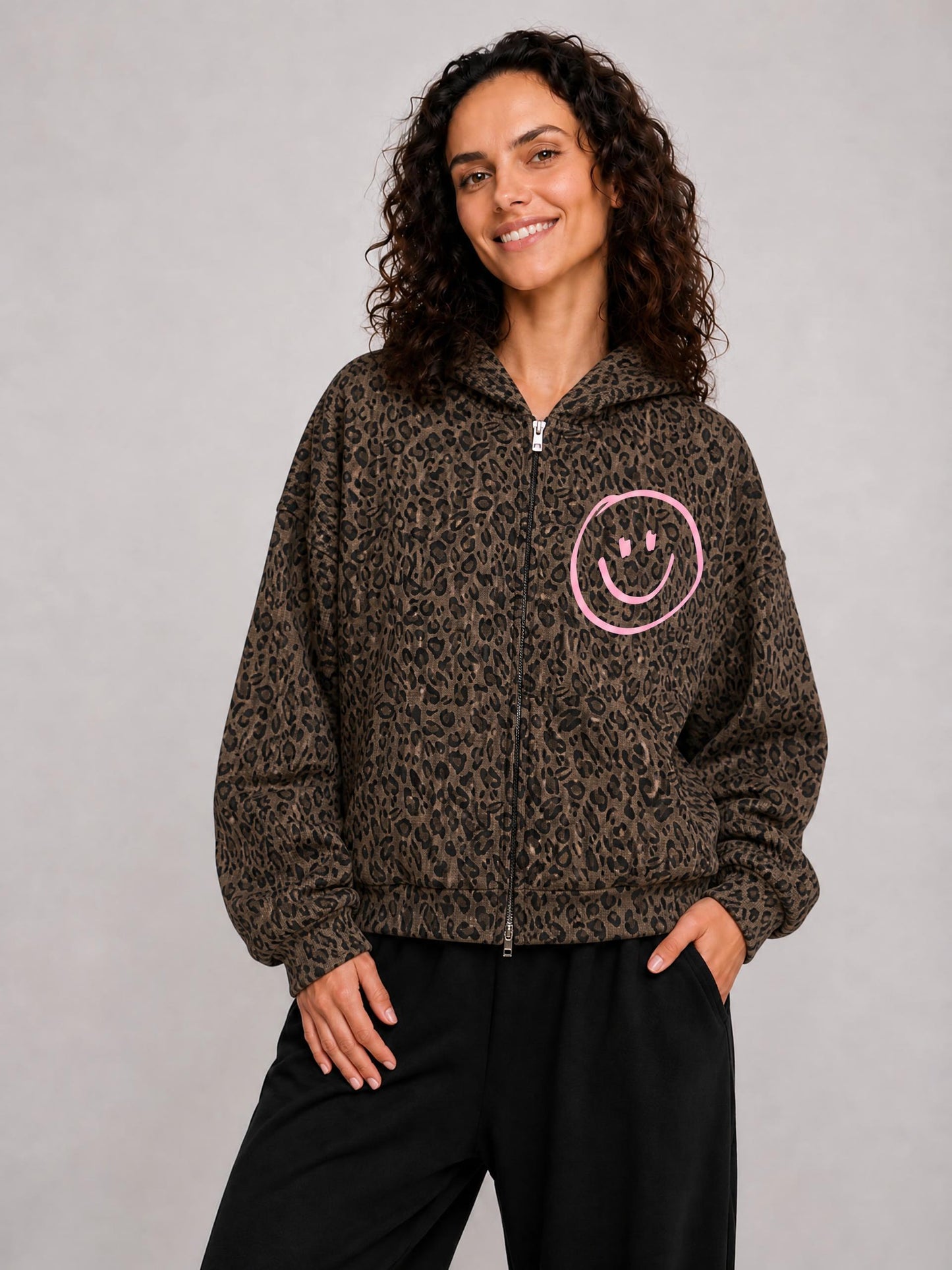 Leopard Print Waffle Knit Zip Hoodie - MADE NEW